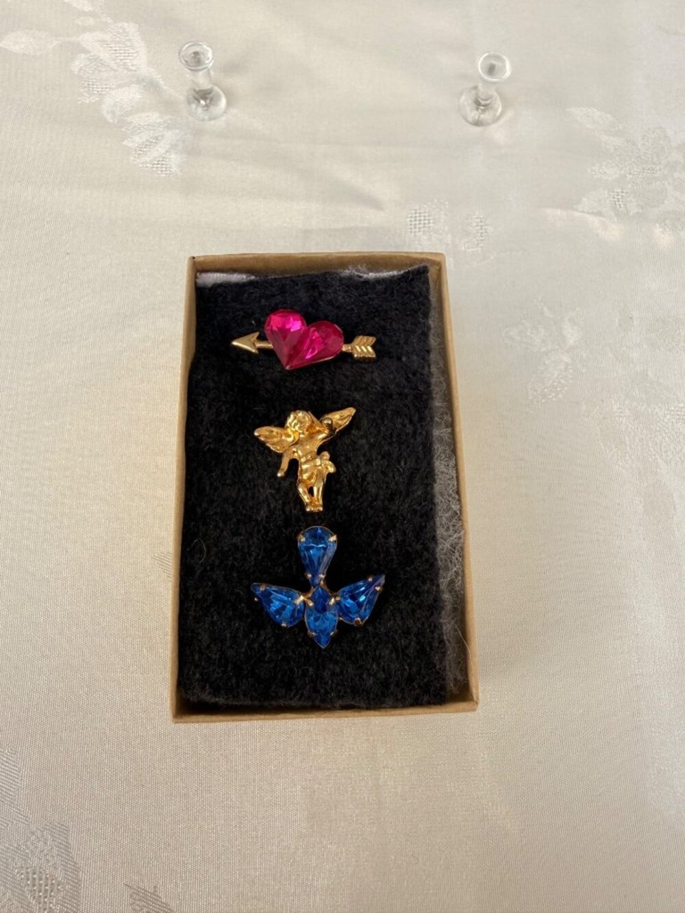 3-piece Lapel Pin Set - Gold-Tone w/ Angel, Hot Pink Heart & Bluebird Faux Gems